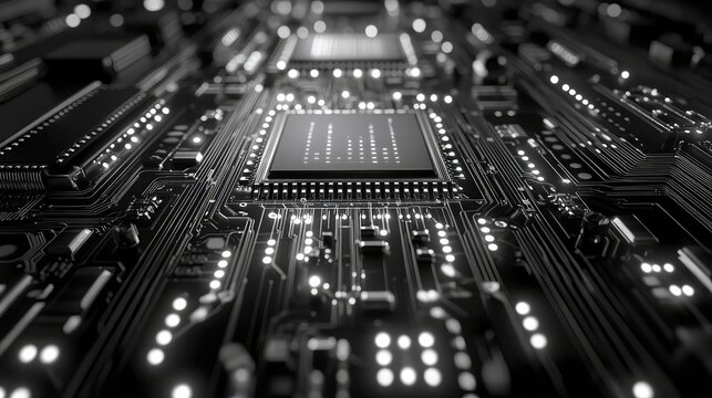 Circuit board with glowing processor analyzing digital data