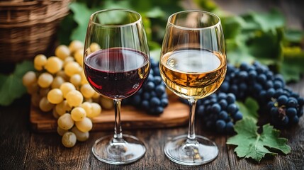 Red and White Wine Glasses with Grapes, Wine Tasting Scene, Wine Photography and Wine Material