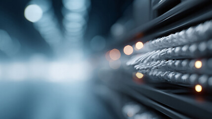 Abstract closeup of organized network cables in a data center. Conceptual shot for technology, connectivity, or infrastructure. Soft focus, professional.