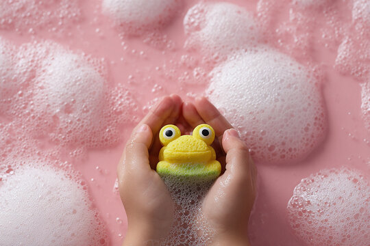 Childs hands holding a cute frogshaped bath bomb, surrounded by pink water and bubbles. Playful, cheerful, and perfect for themes of childhood, hygiene, or relaxation.