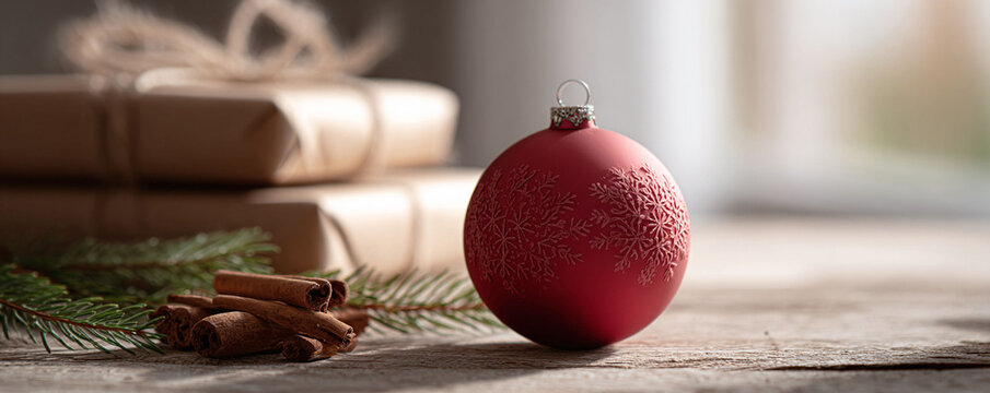 Festive still life featuring a red snowflake ornament, gifts, cinnamon sticks and evergreen sprigs on rustic wood. Captures holiday warmth  anticipation.