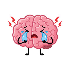 Cartoon depiction of a distressed human brain shedding tears, symbolizing mental anguish, stress, and emotional pain