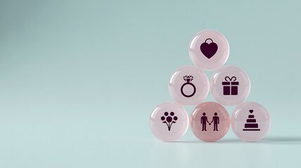 Stack of translucent balls with wedding icons like ring, heart, cake, and couple, symbolizing love and marriage