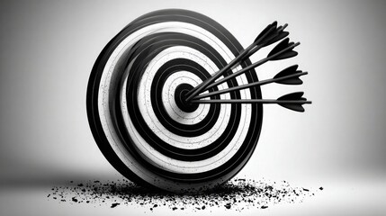 Black vector illustration of a target with arrows hitting the bullseye, on pure white background. Represents precision, goal setting, success tracking, and marketing effectiveness.