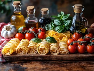 Italian Fettuccine and Cooking Ingredients, Catering Photography and Pasta Material