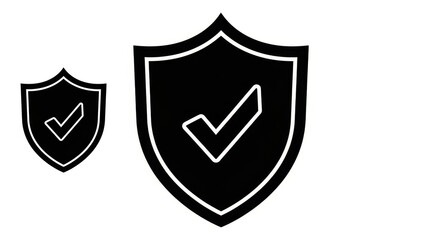 - Shield icons with checkmarks, black and white security symbols, protection and verification illustration
- Cybersecurity graphic, trusted service icon, stylized shield design with white border
