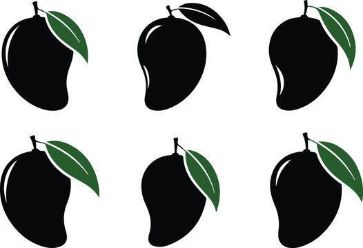 Mango Fruit Silhouette Vector Set with Green Leaf &ndash; Minimalist Tropical Mango Icons Collection, Fresh Organic Fruit Clipart, Healthy Exotic Food Illustration for Logo, Packaging, and Graphic Design