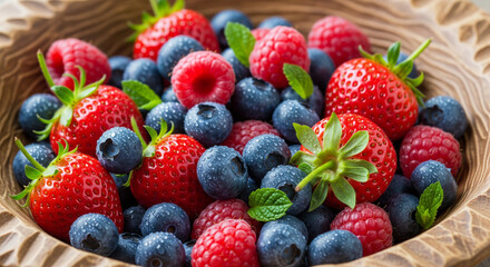 Abundant Fresh Berries: Strawberries, Blueberries, and Raspberries in Bowl
A vibrant, extremely close-up shot of a mix of fresh summer berries heaped inside a rustic, deeply textured wooden bowl