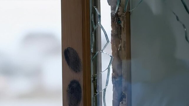 Broken Glass Window Pane Close Up Shattered and Cracked with Fingerprints