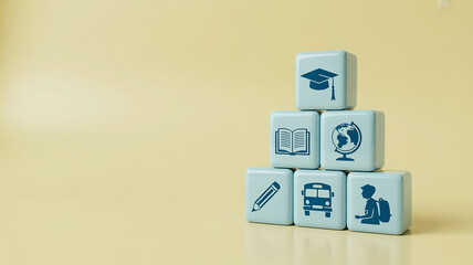 Stack of light blue cubes with education icons representing learning, knowledge, and school