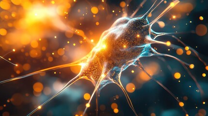 Neuron cell communicating with brain impulses transferring data