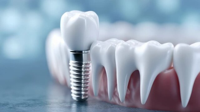 A close-up of a dental implant model with a screw-like post and white crown next to a row of artificial teeth and gums