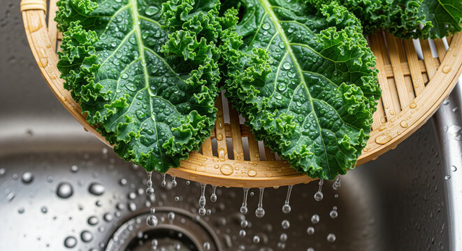Washing Fresh, Organic Kale Leaves in a Kitchen Sink
A vibrant, close-up image showing several dark green, curly kale leaves being washed in a stainless steel kitchen sink