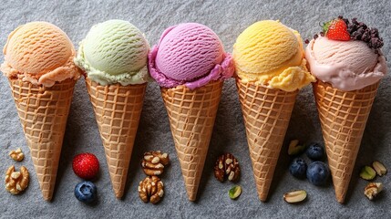 Ice Cream Cone Assortment, Colorful Flavor Display, Catering Photography and Ice Cream Material