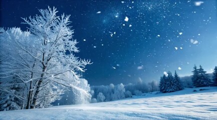 Snowy winter landscape with frosted trees and falling snow under a dark blue sky at nighttime created with generated ai - Powered by Adobe