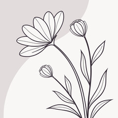 Illustration of three flowers with leaves in black outline