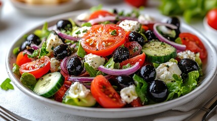 Greek Salad with Feta Cheese, Healthy Vegetarian Food, Catering Photography and Salad Material