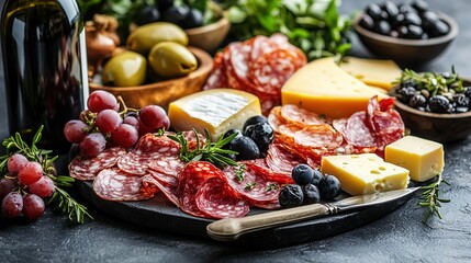 Italian Charcuterie and Cheese Platter with Olives and Grapes, Appetizer Scene, Catering Photography and Italian Material