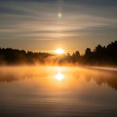 Fototapeta premium A serene sunrise over a calm lake surrounded by trees, with mist rising from the water and a clear sky creating a peaceful and picturesque natural scene