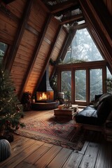 Naklejka premium Cozy wooden cabin interior with fire in the stove, Christmas tree and large window to forest. Serene retreat in winter nature with warmth and calm.