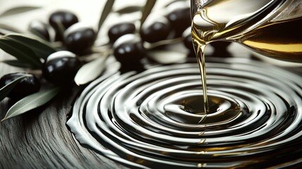 Olive Oil Pouring with Ripple Close-up, Italian Cooking Ingredient, Catering Photography and Olive Oil Material
