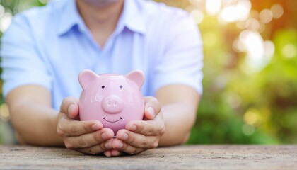 Close-up panoramic shot of a man's hands gently holding a pink piggy bank on a wooden table, emphasizing saving money, financial planning, and future security