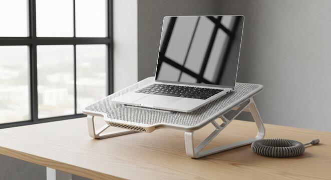 Ergonomic laptop stand on a light wood desk by a large window.
A clean, brightly lit, horizontal interior shot showcasing a modern, adjustable laptop stand holding an open silver laptop computer