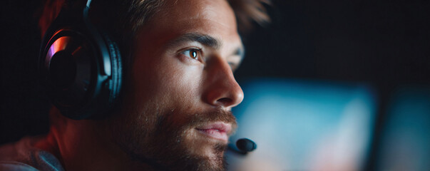 Focused young man with headphones, looking ahead with determination. Concept for gaming, technology, or concentration. Could be used for advertising or content creation.