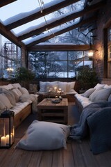 Wooden patio with snow-covered cushions, glowing lanterns and fairy lights in a soft winter twilight. A serene outdoor retreat blending rustic charm and holiday warmth.