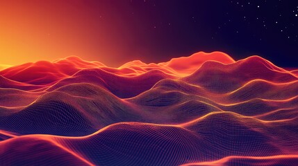 Digital landscape with glowing wireframe surface data waves