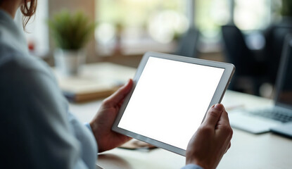 Close up of businesswoman holding tablet showing white screen on office desk