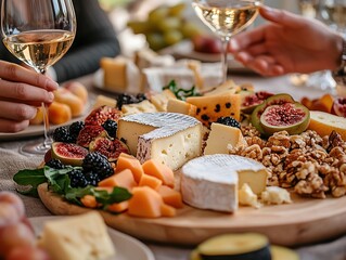 Cheese and Fig Platter with White Wine, Appetizer Scene, Catering Photography and Italian Material
