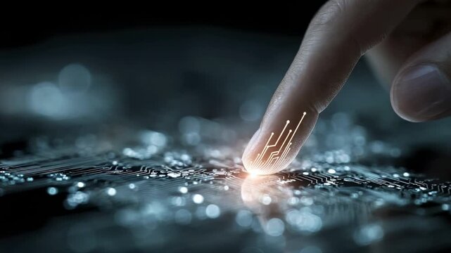 A close-up of a finger touching an electronic circuit causing a glowing branching light pattern to appear on the skin