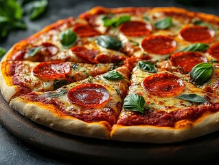 Pepperoni and Basil Pizza, Italian-American Fusion Food, Catering Photography and Pizza Material