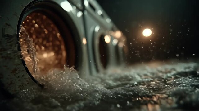 A cinematic wave of soapy water erupts from a broken washing machine in a dark laundromat a powerful metaphor for chaos overload appliance malfunction and domestic disaster insurance