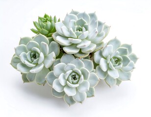 A cluster of five pastel-green succulent plants, their rosette-shaped leaves tinged with pink edges, against a white backdrop