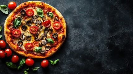 Italian Vegetable Pizza, Black Background Food Layout, Catering Photography and Pizza Material