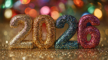 Glittering numbers 3D 2026 with colorful bokeh background  