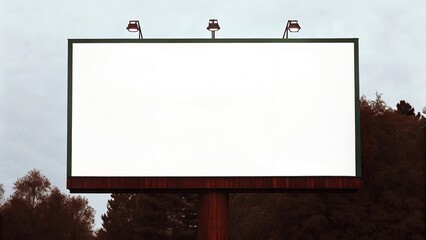 A large, blank billboard stands tall against a backdrop of trees and a cloudy sky, ready for advertising