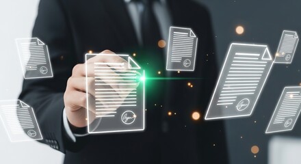 A businessman in a suit uses a stylus to interact with a holographic display of digital documents, representing data management and technology