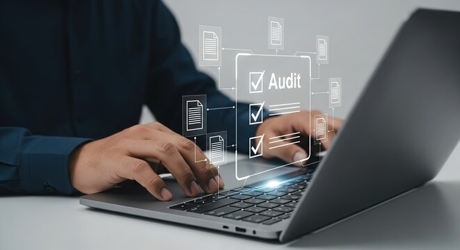 Persons hands typing on a laptop with a digital audit checklist interface displayed on screen