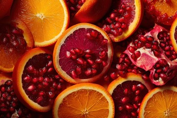 Vibrant red and orange fruit slices in macro detail, soft light on seeds and pulp, with market environment for healthy eating and food styling.