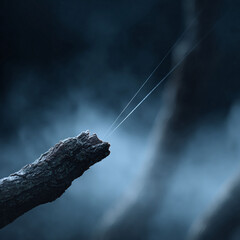Moody macro featuring a twig with spider silk against a dreamy, blurred background. Evokes mystery, fragility,  natures subtle beauty. Ideal for conceptual  atmospheric visuals.