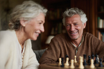 Mature couple enjoys a friendly chess game in a cozy home. Represents strategy, leisure, connection, and a fulfilling retirement. Great for lifestyle and financial planning themes.