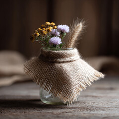 Obraz premium Rustic floral arrangement in a burlapwrapped jar. Evokes warmth, simplicity, and natural beauty. Perfect for fall themes, home decor, or farmhouse aesthetics.