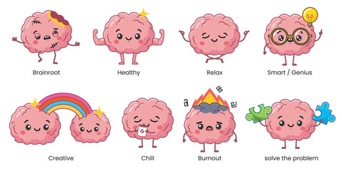 brain characters with various emotions.
Smart, burnout, chill, relaxed, problem-solving expressions