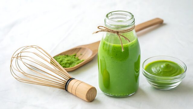Vibrant green elixir with wooden whisk: Cut-out isolated on white. AI GENERATED.
