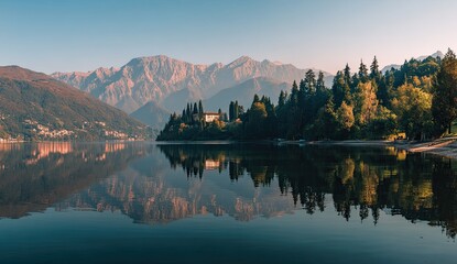 Serene lake with mountain range and forested peninsula, building reflected in calm water