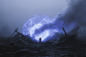 Lone figure in a destroyed landscape faces a glowing energy sphere. Dramatic, evocative of resilience, exploration, scifi, and overcoming obstacles.