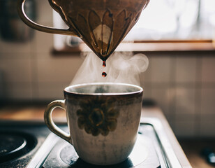 A close-up of pour-over coffee dripping into a mug.